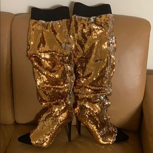 Gold sequin knee high boots